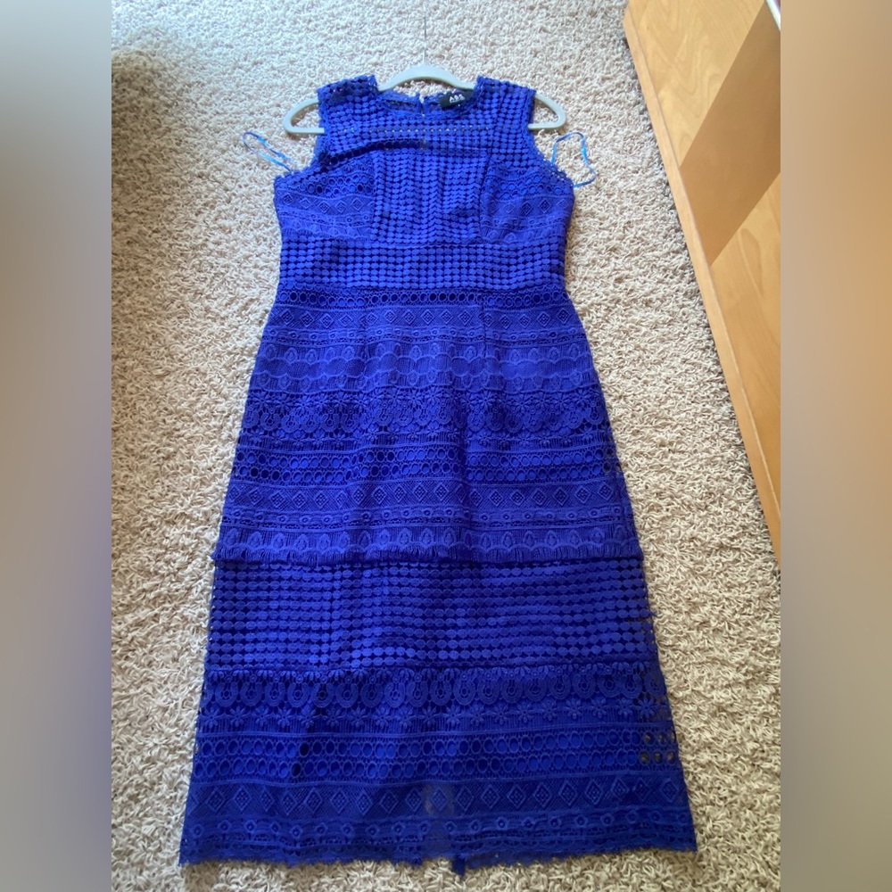 ABS Allen Schwartz Blue Lace Sheath Midi Dress Sleeveless - Picture 2 of 7